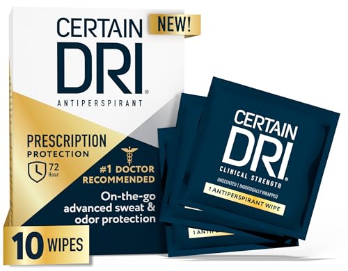 Certain Dri Antiperspirant Wipes for Excessive Sweating and Hyperhidrosis, Clinical Strength Protection Against Odor and Perspiration Lasting 72 Hours, Travel Friendly, Dermatologist Recommended, 10ct