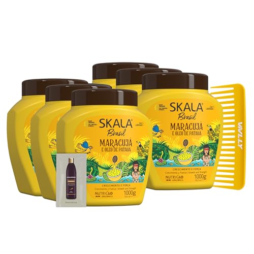 Skala Passion Fruit & Patauá Oil (Maracuja) Hair Care, 1000g - Brazilian Treatment Cream - Sulfate, Paraben, Silicone Free -Hyaluronic Shampoo + Free Comb (Comb Color May Vary). 6 Pack