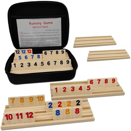 Rummy Cube 6 Player Edition with 6 Wooden Racks/Trays, 160 Rummy Cube Game Set with Portable Case, Rummy Tiles Travel Set with 6 Tiles Holders for Family Classic Board Games