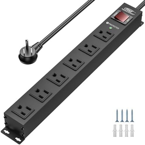 CRST 6 Outlet Heavy Duty Power Strip with Switch, 15A/1875W Metal Mountable Power Strip Surge Protector 2100Joules, Wide Spaced Power Bar for Garage Worshop Home School, 6 FT Cord