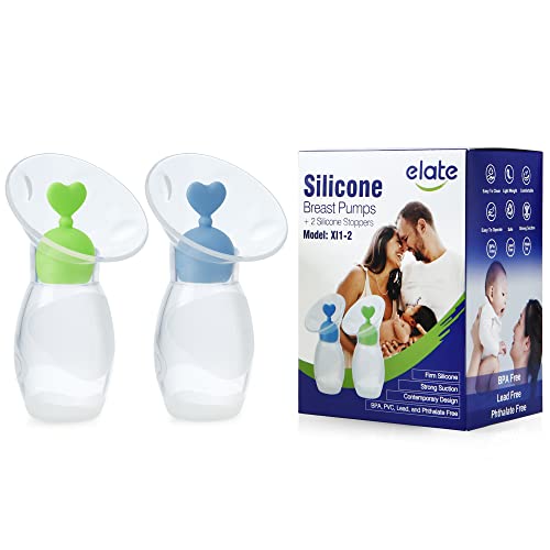 Elate Manual Breast Pump for Breastfeeding | Silicone Milk Collector with Leak-Proof Stoppers for Nursing Moms | Enhance Milk Production | BPA Free FSA HSA Eligible – 2-Pack, 4oz Blue Green