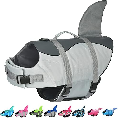 Dogcheer Dog Life Jacket Shark, Adjustable Dog Swim Life Vest for Swimming Boating with Superior Buoyancy & Rescue Handle, Ripstop Pet Flotation Vest for Small Medium Large Dogs (Grey, L)