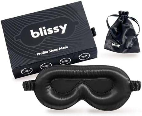 Blissy Silk Sleep Mask Profile - 100% Pure Mulberry Silk 22 Momme 6A Fibers Silk Eye Sleeping Mask for Women & Men for Total Blackout - Blindfold Silk Sleep Mask Side Sleeper Eye Cover (Black)