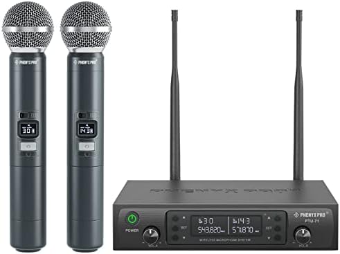 Phenyx Pro Wireless Microphone System, Dual Wireless Mics,w/ 2 Handhelds, Auto Scan,2x100 UHF Frequencies,328ft Range,Dynamic Microphone for Singing, Karaoke, Church(PTU-71-2H)