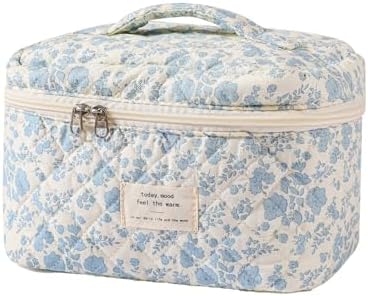 uekeboag Large Travel Quilted Makeup Bag for Women, Floral Cotton Cosmetic Bag, Coquette Aesthetic Floral Toiletry Organizer Bag