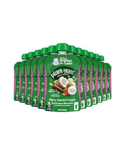 Gerber Organic Baby Food Pouches, Toddler, Plant-tastic, Berry Harvest Fusion, Fruit & Yogurt Alternative with Oat & Coconut Milk, Non-Dairy, 3.5 oz (Pack of 12)