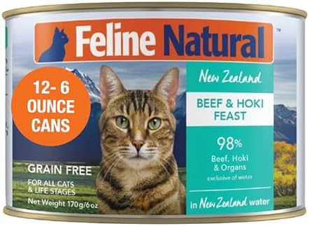 Feline Natural Wet Cat Food Pate, Beef & Hoki Feast, 6 Oz Cans (Pack of 12), Grain Free, Made in New Zealand with Grass-Fed and Finished Beef and Sustainably Caught Hoki Fish