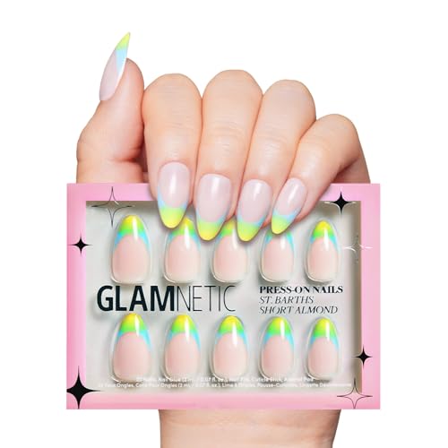 Glamnetic Press On Nails - St. Barths | Semi-Transparent Ombre French Tip Short Almond Nails, Reusable | 15 Sizes - 30 Nail Kit
