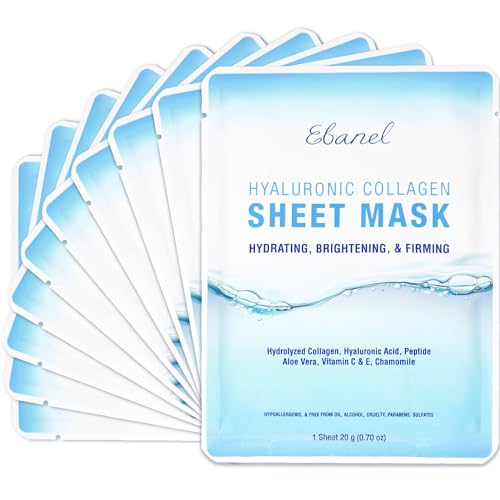 Ebanel 10 Pack Collagen Peptide Hydrating Face Masks, Instant Brightening Firming Anti Aging Face Sheet Masks, Moisturizing Spa Facial Mask Skincare with Hyaluronic Acid, Vitamin C, Chamomile, Aloe
