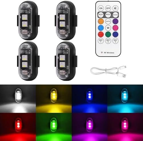 4PCS Wireless LED Strobe Lights with Remote Control, 8 Colors USB Charing Waterproof Anti-Collision Led Emergency Warning Lights for Car Motorcycle Drone Aircraft Bike