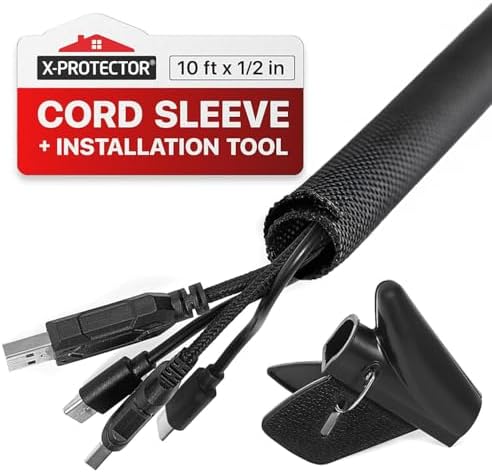 X-Protector Cable Management - 10ft x 1/2" - Fabric Cord Hider - Black Cable Organizer with Insert Tool - Ideal Wire Loom for Wire Management - Premium Cord Organizer for Desk & Other Places!