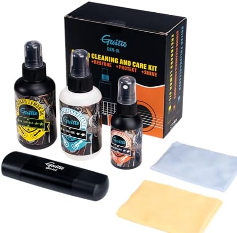 GUITTO Guitar Cleaning Kit, All in One Guitar Care Kit Fretboard Lemon Oil, Polish, Guitar String Cleaner, Microfiber Cloth