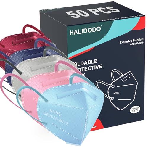 HALIDODO 50 Packs KN95 Face Mask, Disposable 5-Ply Breathable & Comfortable Filter Safety Mask with Elastic Ear loop and Nose Bridge Clip, Multi Color