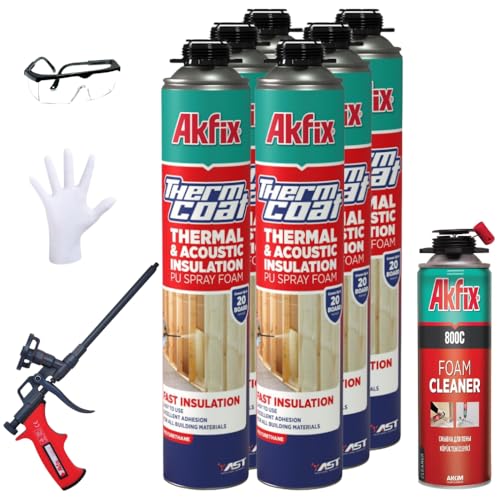 Akfix Thermcoat Spray Foam Insulation Kit (120 Board Feet) - Wall & Attic Insulation Foam Spray, Polyurethane Expanding Foam, Closed Cell Spray Foam Insulation Kit, Gun&Cleaner Included | 6 Pack Set