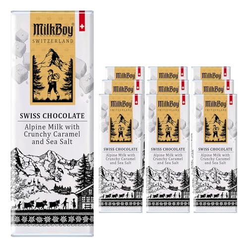 Milkboy Swiss Milk Chocolates - Premium Alpine Milk Chocolate Bars with Crunchy Caramel & Sea Salt - Made in Switzerland - GMO Free - UTZ Certified - Each 1.4 oz - 10 Pack