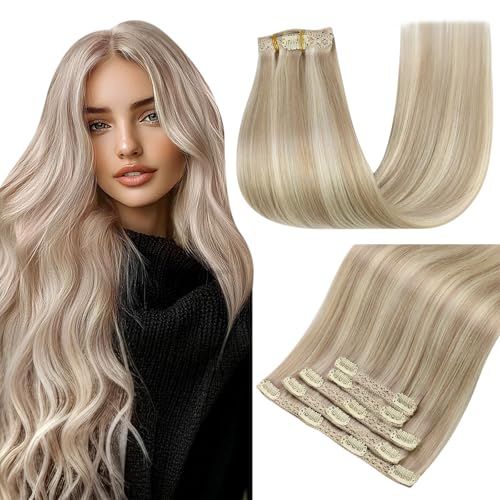 Easyouth Clip in Hair Extensions Real Human Hair Highlight Clip in Hair Extensions Ash Blonde Highlights Bleach Blonde Hair Extensions Clip ins Double Weft 12 Inch 70g 5pcs