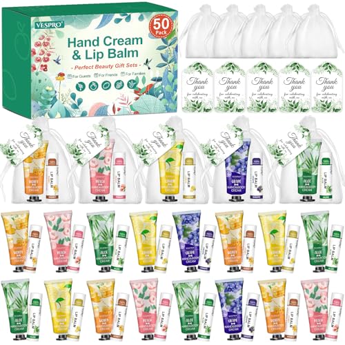 50 Sets Hand Cream Bulk and Lip Balm Bulk Gifts, Mothers Day Gifts and Bridal Shower Gifts for Guests with Thank You Card and Organza Gift Bags, Teacher Appreciation Gifts for Women