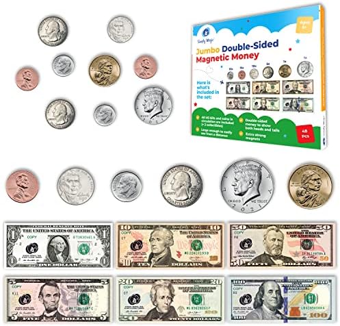 48 PCS Large Double-Sided Magnetic Money - Play Money for Kids for Learning, Pretend Money for Classroom, Toy Money, Play Coins for Kids, Money Games, Practice, Money Manipulatives, Class Money Set