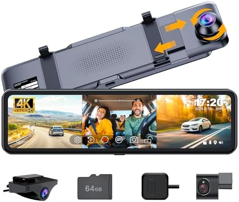 3 Channel 11" Mirror Dash Cam with Front 4K, in-Cabin & Rear 1080P Cameras, Enhanced Night Vision, G-Sensor & Parking Monitor, 64GB Card Included, Wide-Angle Rear View Mirror Camera for Cars & Trucks