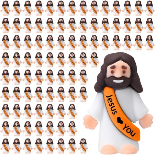 Bememo 100 Pcs Little Jesus Figures Easter Jesus Loves You Original Design Religious Toys Little Figures to Hide and Seek Sunday School Religious Party Favors for Easter Egg Stuffers(Orange)