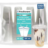 Freshware 20 oz Clear Disposable Plastic Cups with Flat Lids and Straws, 100 Pack Clear Plastic Cups Tumblers, Heavy-duty Party Glasses, Disposable Cups for Thanksgiving, Halloween, Christmas Party