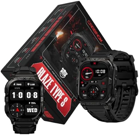 CARBINOX Blaze Smart Watch with GPS (Sport Mode), Rugged Fitness Tracker Waterproof IP69K, Compatible with Android and iOS, 170+ Sports Modes, Gorilla Glass Screen, Make/Receive Calls (Square)