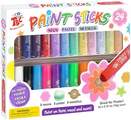 TBC The Best Crafts Paint Sticks, 24 Colors Mixed pack, Washable Paint, Non-toxic, Tempera Paint Sticks for Kids and Students