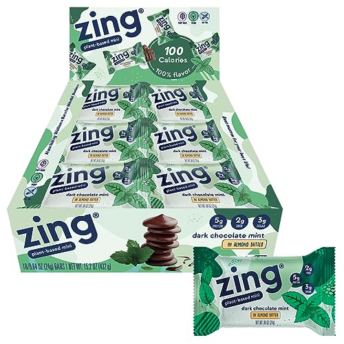 Zing Dark Chocolate Mint Kids Protein Bars, Gluten Free 100 Calorie Mini Bars with High Protein, Vegan Nutrition Bars, Dairy Free Plant Based Protein, Kosher, Low Sugar, No Sugar Alcohols-18 count