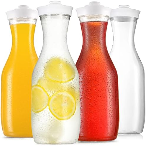 NETANY 50 Oz Water Carafe with Flip Top Lid, Clear Plastic Pitcher Jug, 4 Pack Juice Containers, BPA Free - for Water, Iced Tea, Juice, Lemonade, Milk, Cold Brew, Mimosa Bar —HAND WASH ONLY