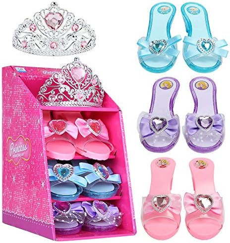 Girls Play Set! Fashion Princess Dress Up Shoes and Tiara (3 Pairs of Shoes + 1 Tiara) Role Play Collection for Little Girls