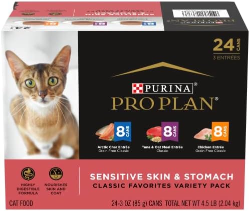 Purina Pro Plan Sensitive Skin and Stomach Wet Cat Food Variety Pack, Sensitive Skin and Stomach Entrees - (Pack of 24) 3 oz. Cans
