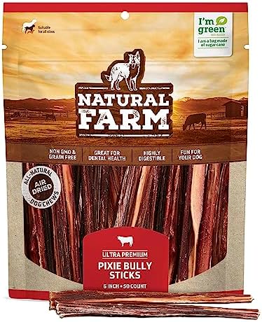 Natural Farm Bully Sticks (6 Inch, 50 Pack), Thin Pixie Pizzle Beef Treats, Grain-Free, High Protein, Best Rawhide Alternative for Small, Puppies or Senior Dogs