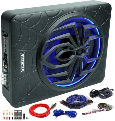 10" 1000W Slim Under Seat Powered Car Subwoofer, Car/Truck Audio Sub Built in Amplifier amp Combo, with Blue LED Light (Subwoofer + Mounting Wire Kit)
