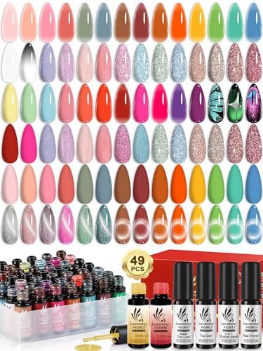 Lavender Violets 49 PCS Gel Nail Polish Set, 45 Colors Cat Eye Reflective Glitter Gel Polish with Nail Primer, Base Coat, Glossy & Matte Top Coat Jelly Nude Red Brown Gifts for Women