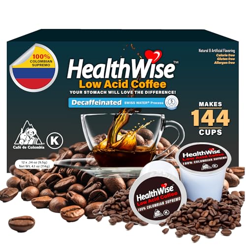 Healthwise Low Acid Unflavored Decaf, Chemical-Free Swiss Water Process, 99.9% Caffeine Free, 100% Colombian Coffee K-Cups – Medium Roast, Healthier Coffee for Sensitive Stomachs - 144 Count (Pack of 12)