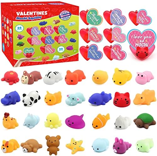 28 Pack Valentines Day Gifts for Kids, Mochi Squishies Party Favor Set with Valentines Greeting Cards and Filled Hearts, Valentine's Day School Prize Party Favor, Classroom Exchange Gift Set