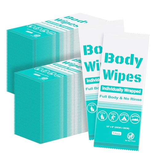 200Pcs Disposable Body Wipes, 7.8 x 9.8 inch Individually Wrapped Bath Wipes for Women and Men, No Rinse-Free Large Body Bath Shower Wipes for Home Travel Hotel Outdoors Camping After Gym (Light Blue)