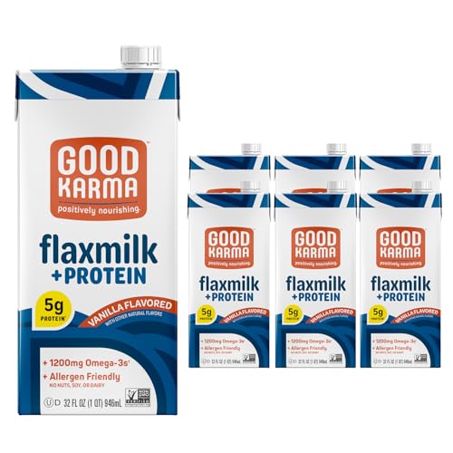 Good Karma Vanilla Flaxmilk +Protein, 32 Ounce (Pack of 6), 5g Plant Protein + 1200mg Omega-3 Per Serving, Plant-Based Non-Dairy Milk Alternative, Lactose Free, Nut Free, Vegan, Shelf Stable
