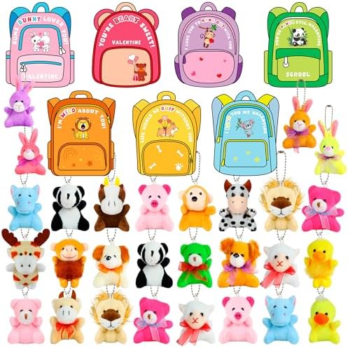 28 Pack Valentines Day Gifts Cards for Kids with Animals Plush Toys, Mini Stuffed Animal Keychain Bulk for Classroom Exchange School Game Prizes Valentine's Party Favor Gift for Toddlers Boys Girls
