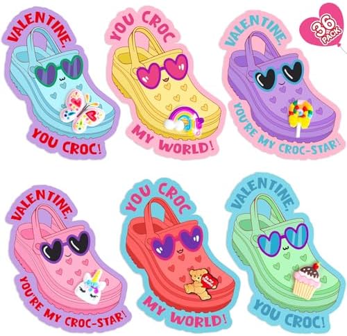 Valentines Day Cards for Kids School - Valentines Gifts for Kids - 36 Valentine Cards with Shoe Charms Bulk - Funny Valentine Exchange Card for Boys Girls Toddler Class Classroom Gift Party Favors