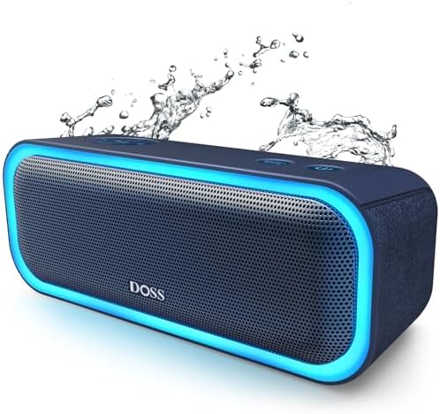 DOSS SoundBox Pro Bluetooth Speaker with 20W Stereo Sound, Active Extra Bass, IPX6 Waterproof, TWS Pairing, Multi-Colors Lights, 20H Playtime, Portable for Beach, Outdoor-Blue