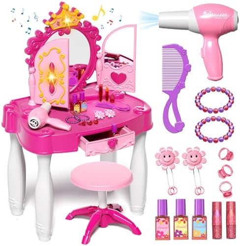 Toddler Makeup Table with Mirror and Chair, Kids Makeup Vanity Set with Accessories and Lights and Music Sound for Girls, Toddlers 3-5 Years Old