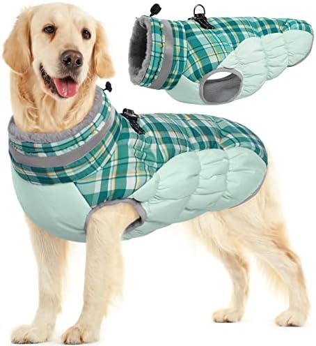 FUAMEY Dog Winter Coat - Jacket with Built-in Harness, Padded Vest for Cold Weather, Reflective Clothes for Small to Large Dogs, Green Plaid