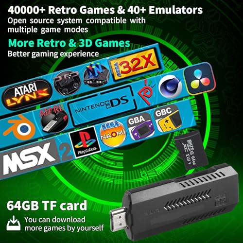 Wireless Retro Game Console, 64G Game Console Built in 40,000 Games, 40+ Emulators, Dual Wireless Controllers, Plug & Play Video Game Consoles, 4K HDMI Nostalgia Stick Game for TV