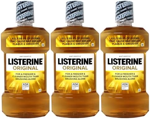 Listerine Original Antiseptic Mouthwash, Kills 99.9% of Germs That Cause Bad Breath, Plaque & Gingivitis, Fresher & Cleaner Mouth Than Just Brushing Alone, 1 Liter (Pack of 3)