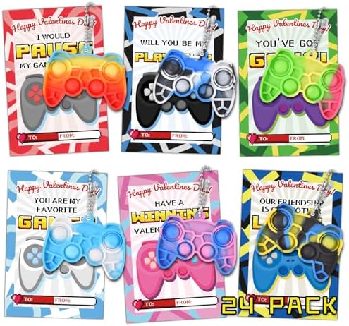 Ohjijinn 24 Packs Valentines Day Gifts for Kids, Mini Pop Fidget Keychain Valentines Day Gifts for Kids Classroom, Game Valentines Day Cards for Boys Girls School Classroom Exchange Gifts Party Favor