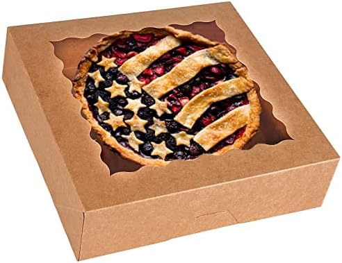 30-Pack Pie Boxes 10" x 10" x 2.5", Bakery Boxes with Window, Auto-Popup Cookie Boxes for Muffins, Donuts and Pastries (Brown)