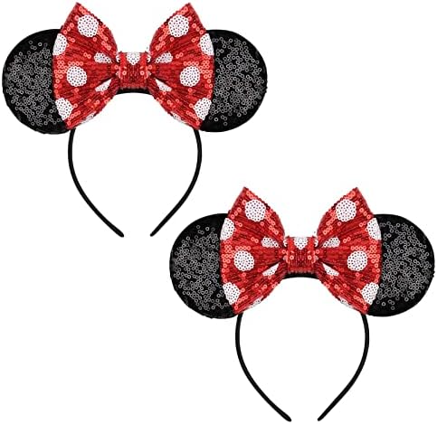 FANYITY Mouse Costume Ears,2 Pcs Mouse Ears Headbands for Girls & Women Party,Size Free (Red Bow Points)
