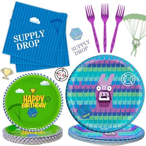 Video Games Party Tableware Supplies 64pcs Llama Set Including 32 pcs Plates, 16 pcs Forks and 16 pcs Napkins, Video Games Theme Party Baby Shower Birthday Decorations