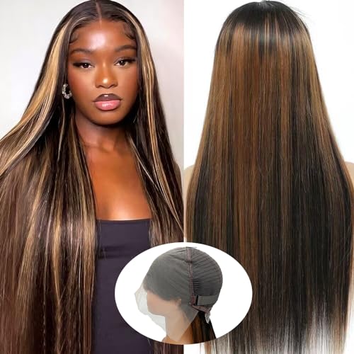 FB30 Highlight Ombre Lace Front Wig Human Hair Straight 13x6 Full HD Transparent Lace Frontal Wig 20Inch 180% Density Pre Plucked with Baby Hair Glueless Wigs for Black Women